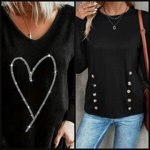 NWOT TWO TOPS! Black t-shirt tops. Sexy Rhinestone Heart & Button Detail